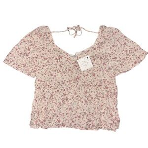 Hippie Rose Cream Floral Tie-Back Short Sleeve Blouse
